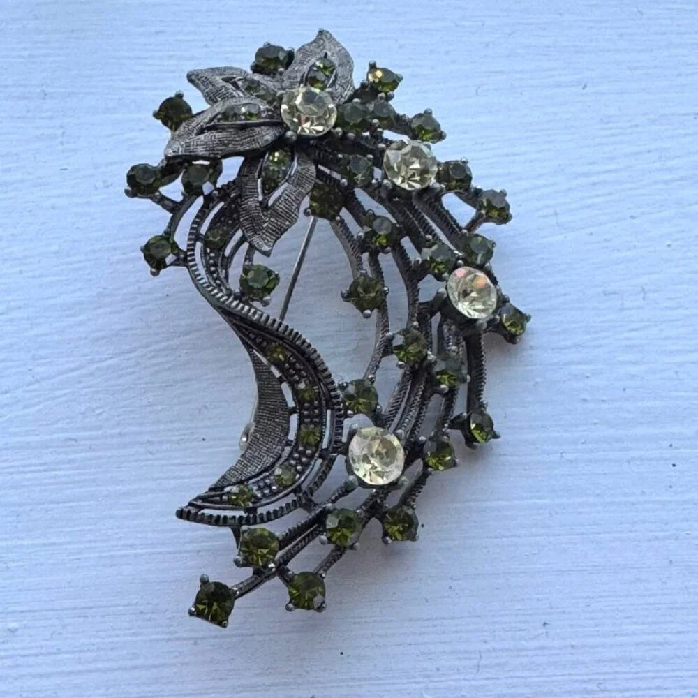 Vintage Floral Rhinestone Brooch with Green Crystals